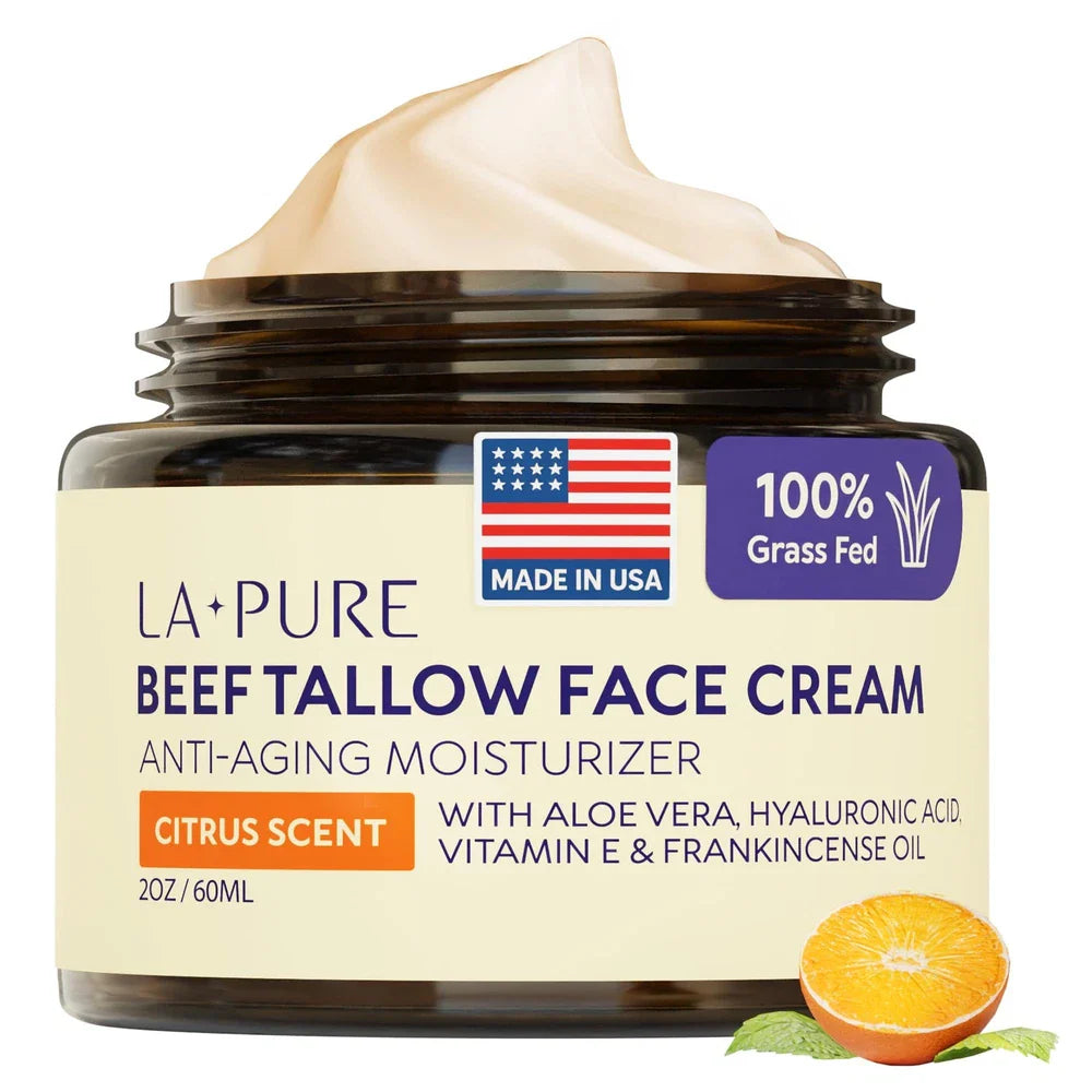 LA PURE Beef Tallow Face Cream – Grass-Fed with Aloe Vera & Hyaluronic Acid | 4 oz Deep Hydration