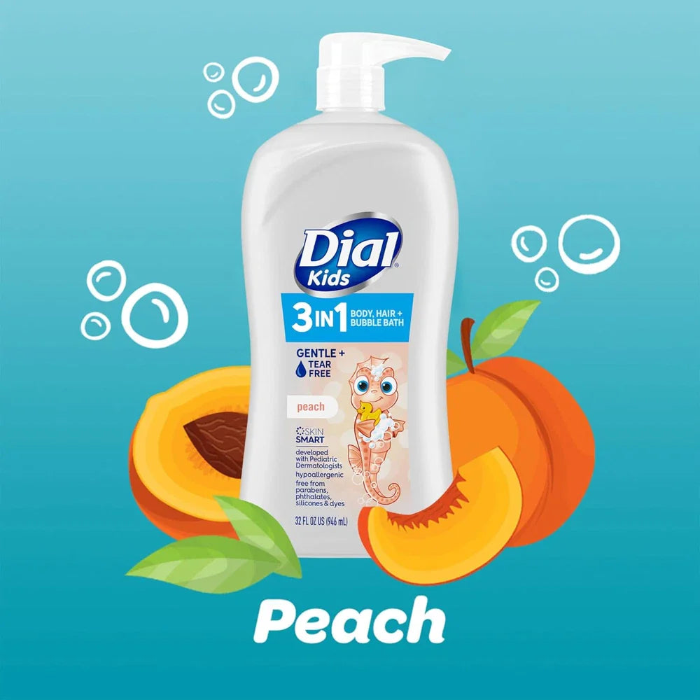 Dial Kids All-in-One Hair, Body Wash & Bubble Bath – Tear-Free Peach Scent | 32 fl oz
