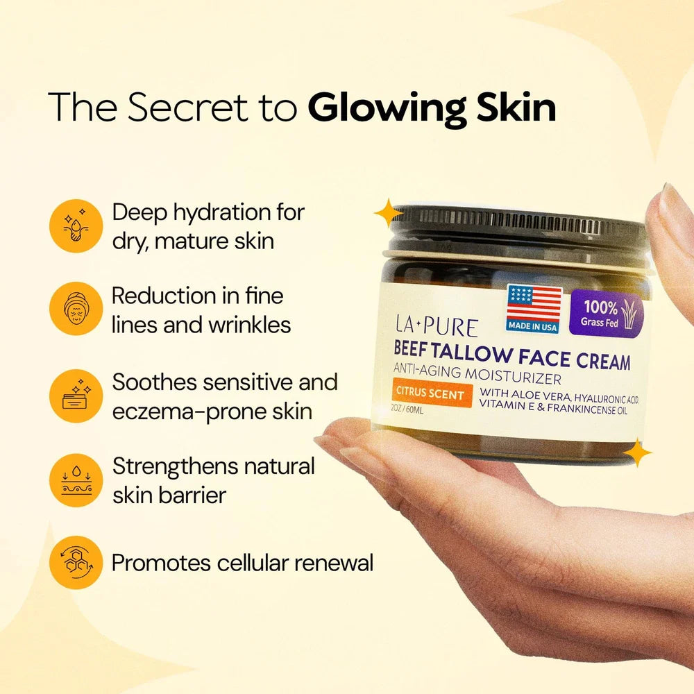 LA PURE Beef Tallow Face Cream – Grass-Fed with Aloe Vera & Hyaluronic Acid | 4 oz Deep Hydration