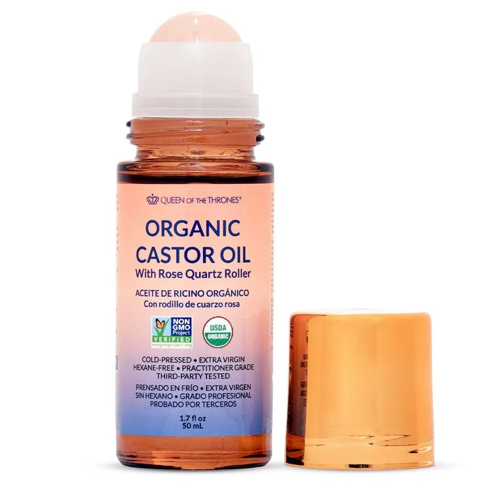Queen of the Thrones Organic Golden Castor Oil Roll-On with Rose Quartz – 100% Pure | USDA Certified | 50ml