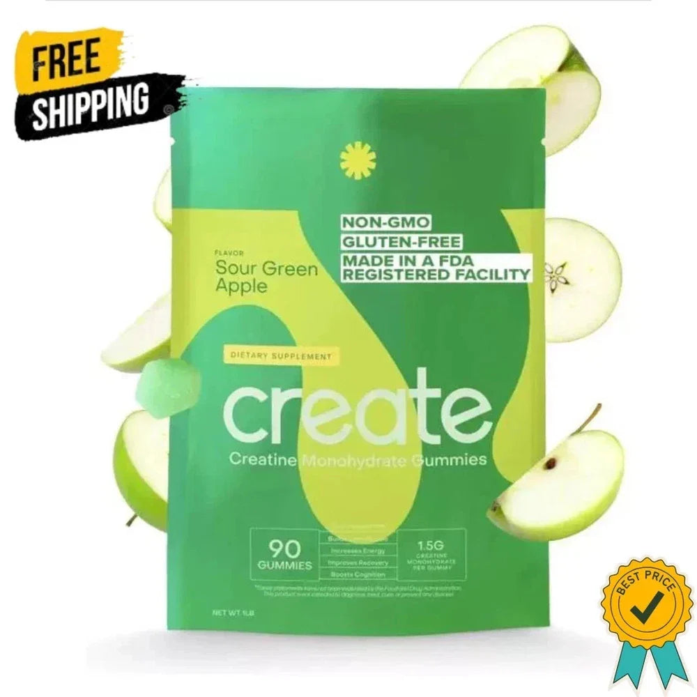 Create Creatine Monohydrate Gummies – Sour Green Apple | 90 Count for Men & Women