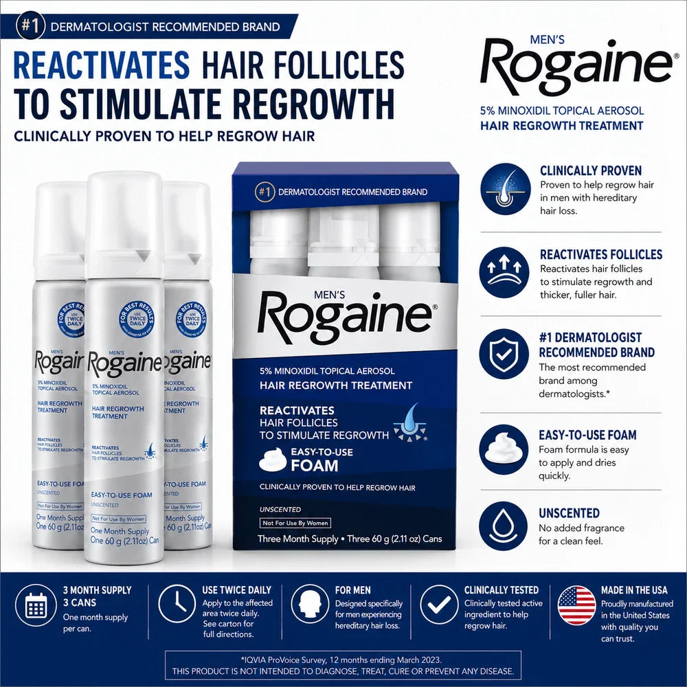Men's Rogaine 5% Minoxidil Extra Strength Foam | 3-Month Supply | 3 x 60g