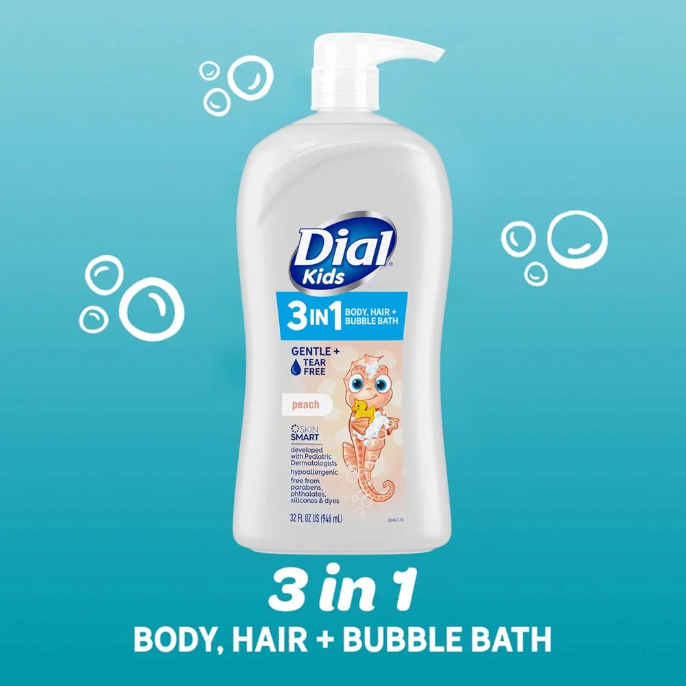 Dial Kids All-in-One Hair, Body Wash & Bubble Bath – Tear-Free Peach Scent | 32 fl oz