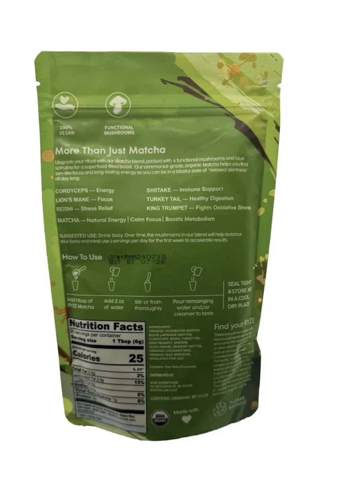 RYZE Mushroom Matcha – Organic Green Tea with Adaptogenic Mushrooms | 30 Servings 300g
