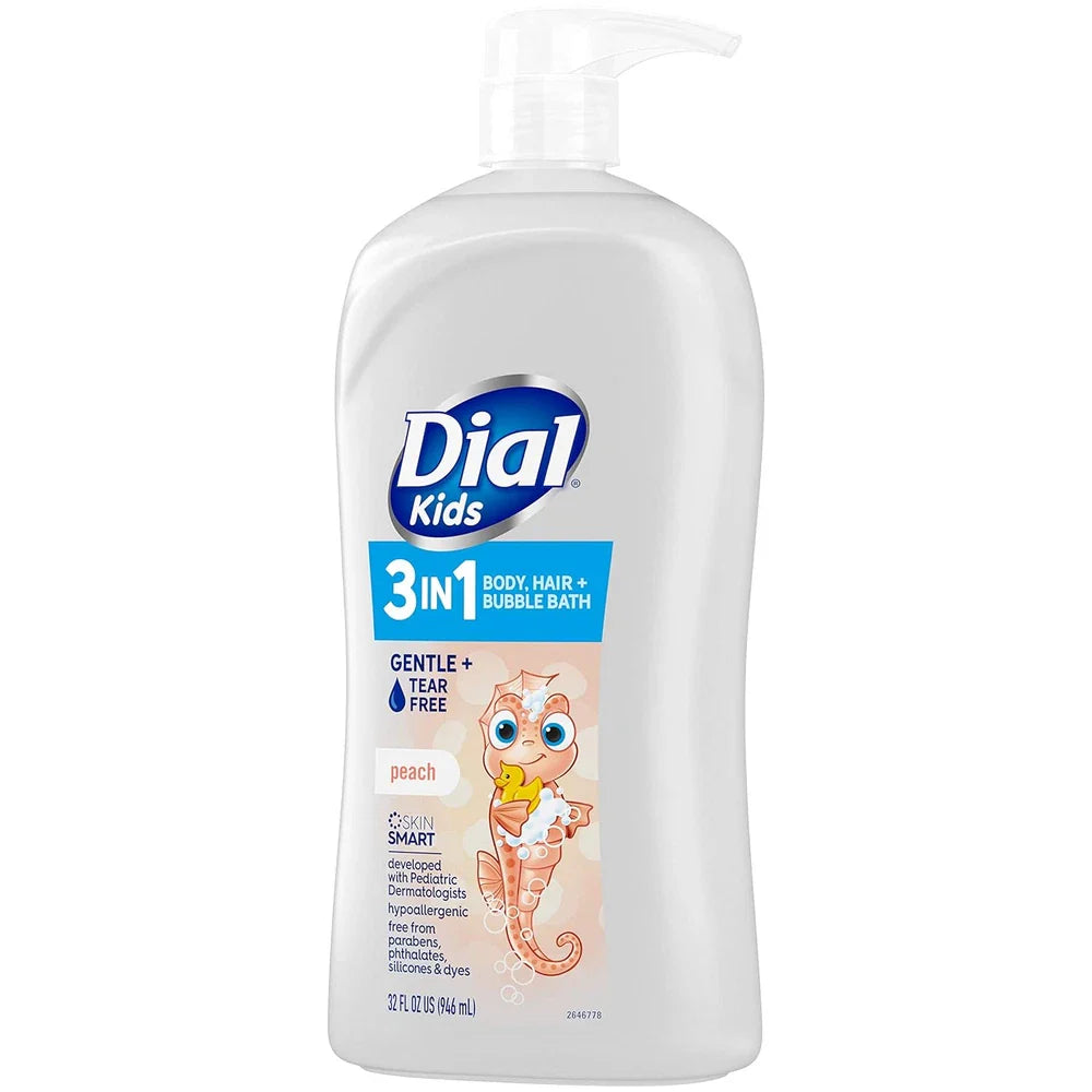 Dial Kids All-in-One Hair, Body Wash & Bubble Bath – Tear-Free Peach Scent | 32 fl oz