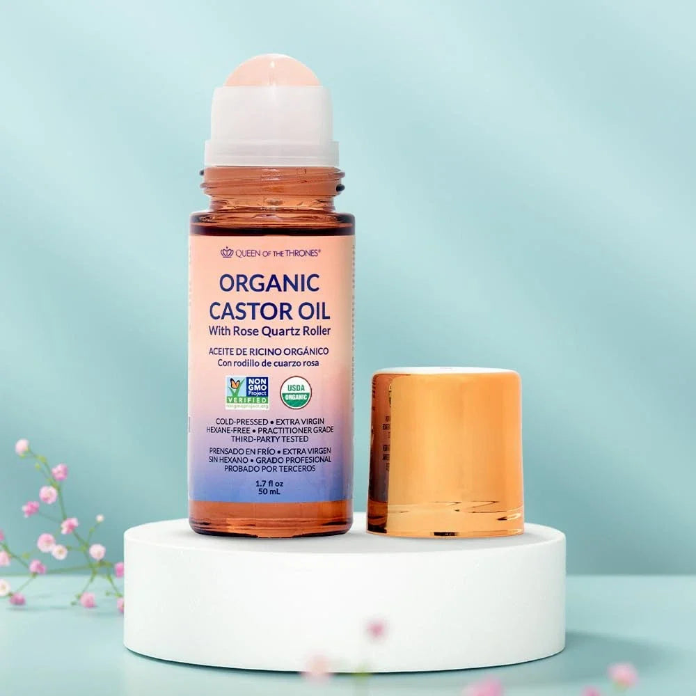 Queen of the Thrones Organic Golden Castor Oil Roll-On with Rose Quartz – 100% Pure | USDA Certified | 50ml