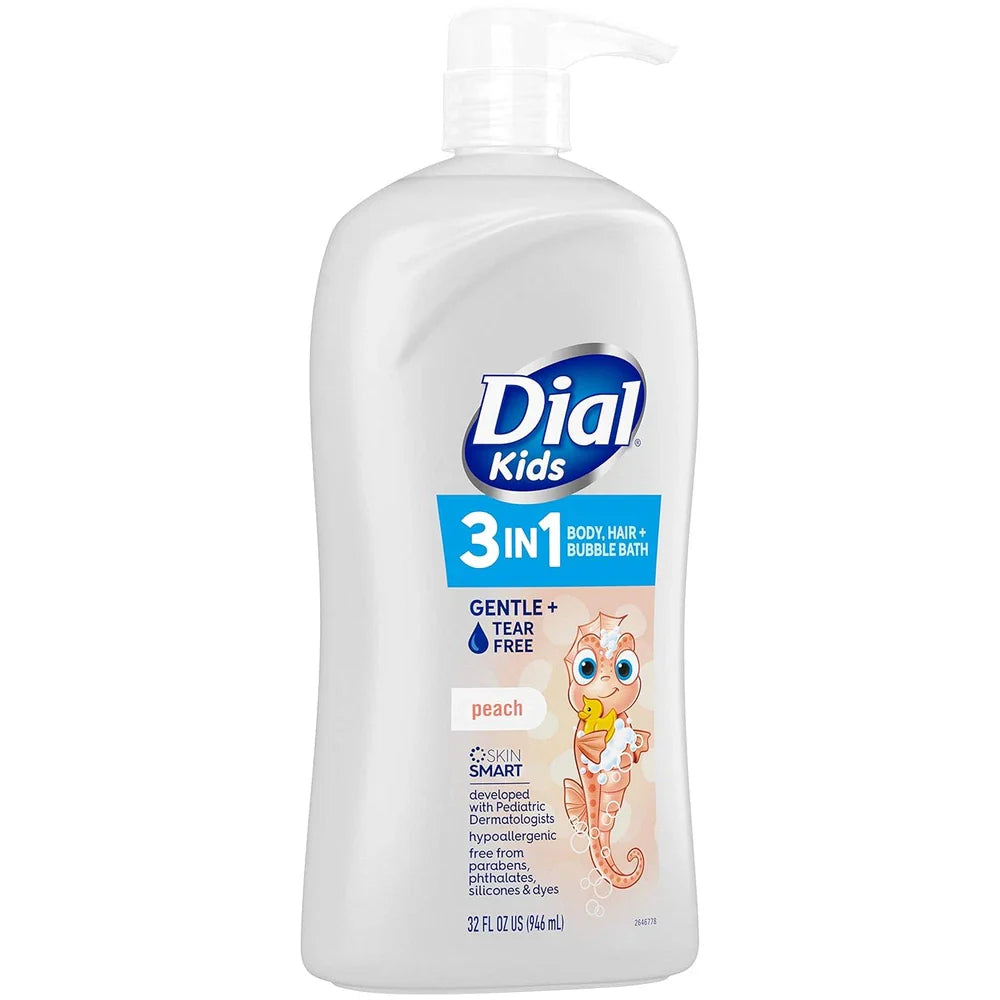 Dial Kids All-in-One Hair, Body Wash & Bubble Bath – Tear-Free Peach Scent | 32 fl oz